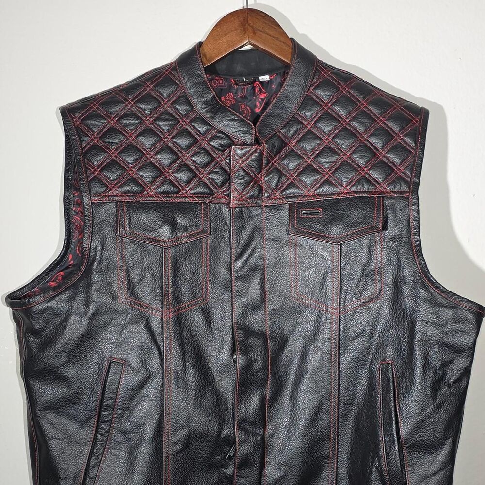 Jackets 4 Bikes Black Leather Vest with Red Stitching  Size L